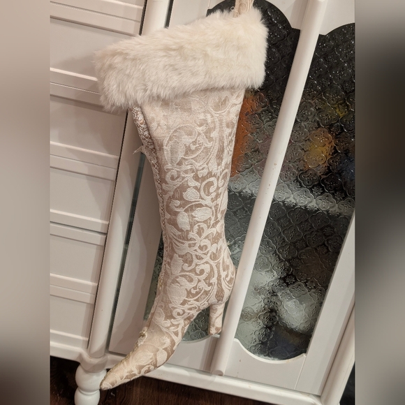 Luxury Ivory Gold Brocade High Heel Boot Christmas Stocking Faux Fur - Picture 6 of 7